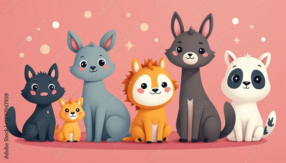 Naklejka premium Charming illustration of assorted cute animals, perfect for website design or children projects. Pink background creates adorable, friendly mood. Digital artwork with a playful, sweet style.