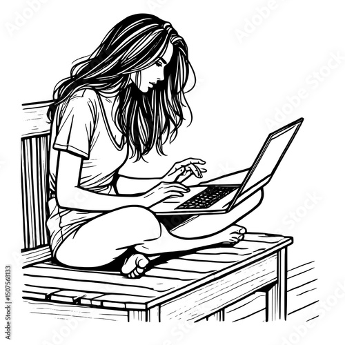 Young Woman Working on Laptop Vector Illustration