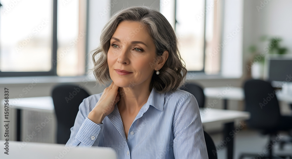 Senior Businesswoman with Gray Hair Looking Thoughtfully in Office.
Senior Businesswoman with Gray Hair Looking Thoughtfully in Office.