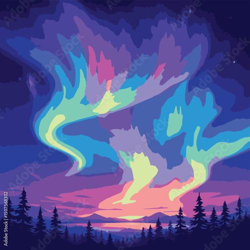 Northern Lights over Mountain Landscape – Night Sky Aurora Borealis Illustration