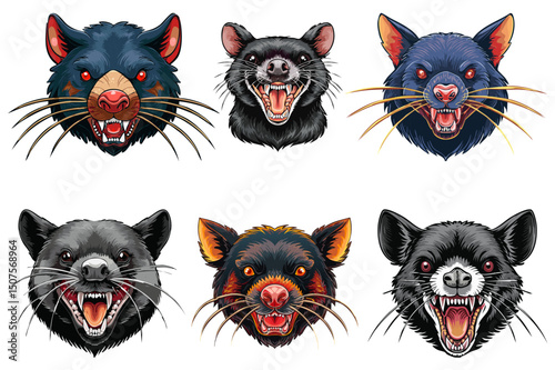 Tasmanian devil, Wild carnivorous marsupial animal, Wildlife of Australia and Tasmania, Tasmanian devil head (Sarcophilus harrisii), set