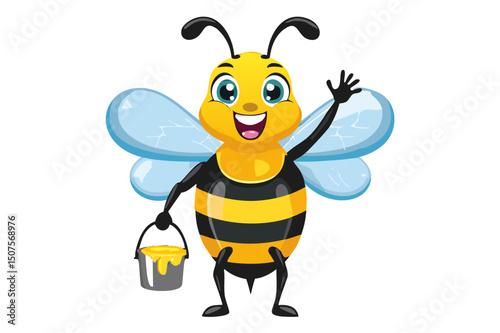European honey bee (Apis mellifera), cartoon cute happy bee with a bucket of honey waving its hand