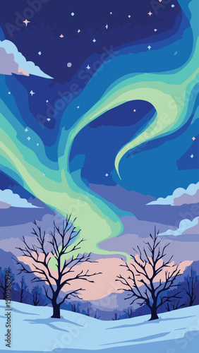 winter landscape with snow with aurora in the sky