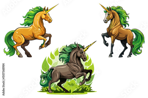 Unicorn horse mythological animal from myth, legendary mythical creature, horse with one horn, beautiful fairy tale unicorn horse with mane and tail, wild stallion, set