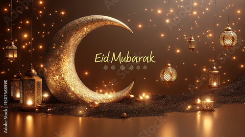 Eid mubarak crescent moon lanterns islamic holiday ramadan kareem celebration background