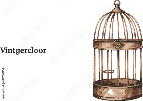 Metal cage made of copper for birds. Slim, sophisticated pet cage. Isolated watercolor illustration in vintage style