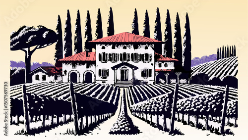 Tuscan Villa Vineyard Landscape, Italian Countryside Winery