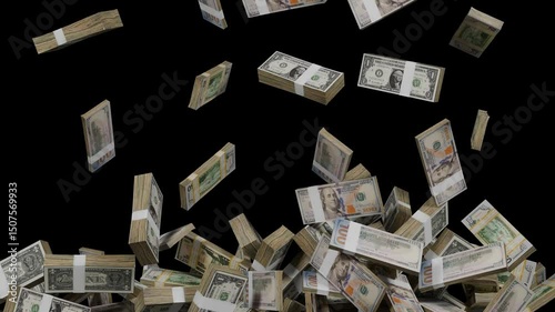 Dollar Bills Falling Down Floating on a black transparent Background, Seamless