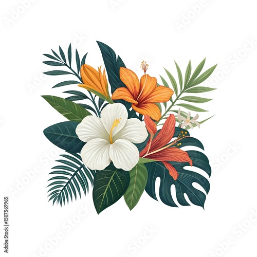 Tropical leaves and flowers, vector line and silhouette sketches. Big collection of exotical flora.