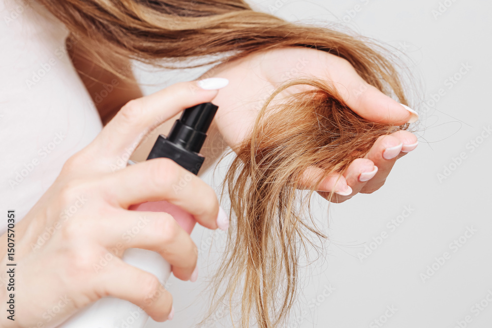 Fototapeta premium Haircare spray application. Woman using mist on hair ends. White background and natural look. Healthy beauty routine at home. Close-up female hands and bottle. Smooth strands and selfcare ritual.