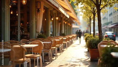Fototapeta Naklejka Na Ścianę i Meble -  Inviting Parisian cafe terrace empty chairs tables. Traditional bistro, street view, people in background. Famous landmark, classic urban setting, cafe culture, european travel.
