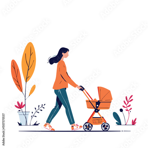 Mother Walking with Baby Stroller – Family Parenting Illustration
