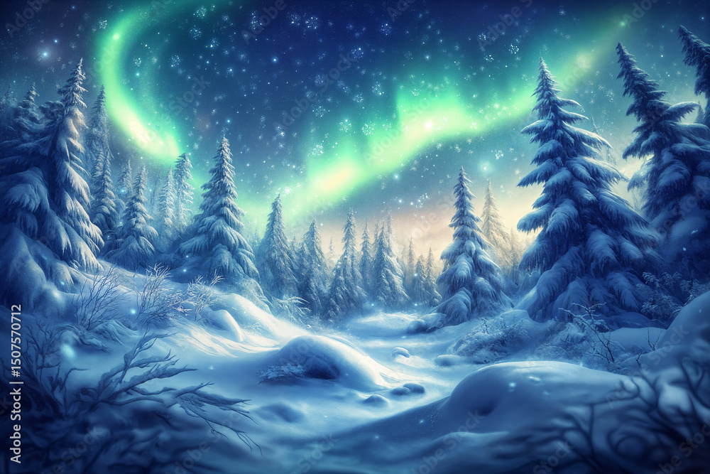 Naklejka premium a snow-covered forest under a sky illuminated by bright green and blue northern lights