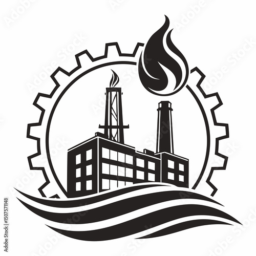 Industrial factory silhouette with flame and waves inside a gear emblem in black and white