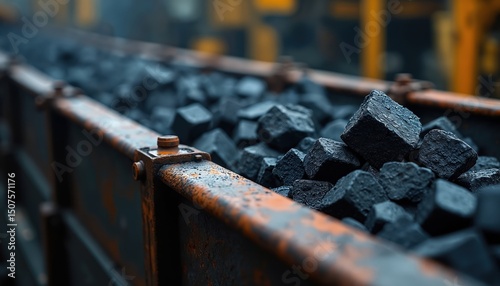 Close-up shot of black coal on conveyor belt. Coal mining industry, resource extraction, fuel transportation. Industrial factory background. Energy, power, carbon resources, raw material.