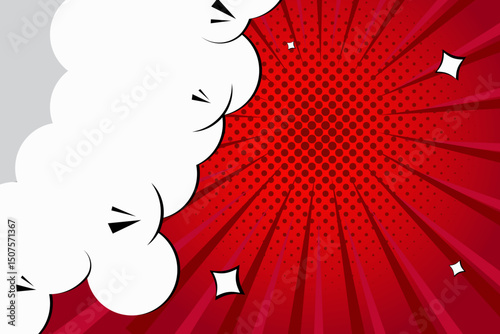 Pop art comic book strip cover design. Explosion, isolated retro style comics radial red background. Halftone colored background frame.