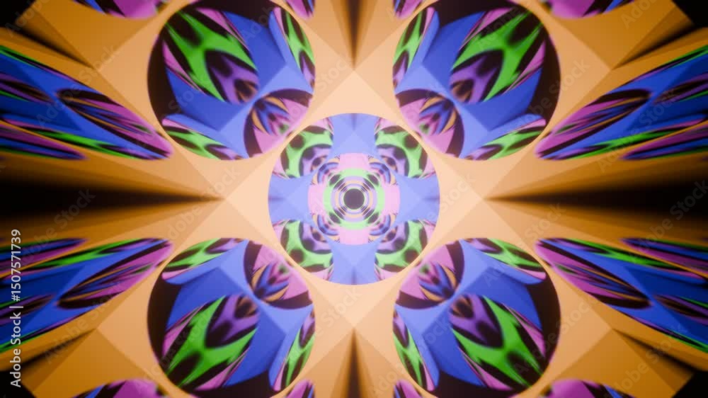 Kaleidoscopic tunnel with colorful luminous circles in a 3D loop