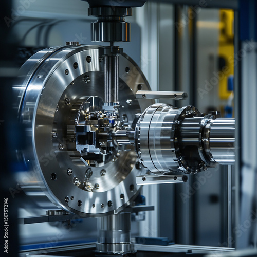 A detailed view of a metal workpiece being precisely machined with water cooling in a manufacturing facility. Various tools and machinery are engaged in the ..