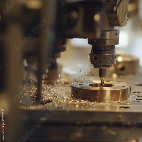 A detailed view of a metal workpiece being precisely machined with water cooling in a manufacturing facility. Various tools and machinery are engaged in the ..