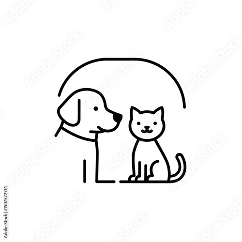 Line art of dog and cat together under a shelter icon  