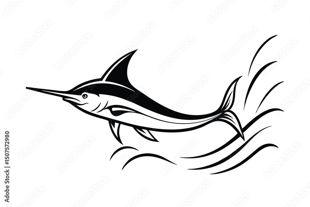 Naklejka premium Majestic marlin leaping ocean waves black white illustration