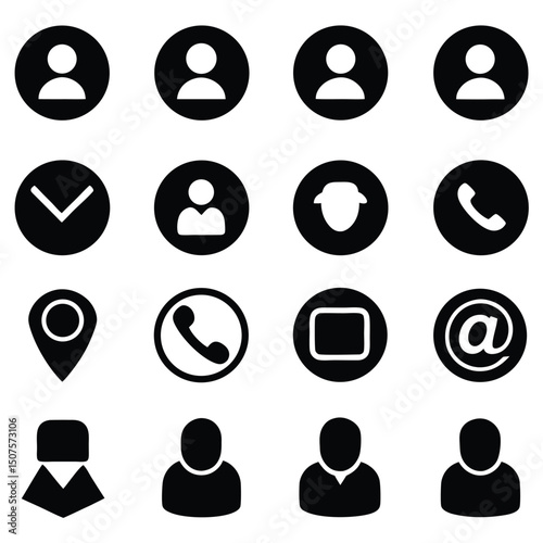 A collection of minimalist black and white contact and user interface icons on white background