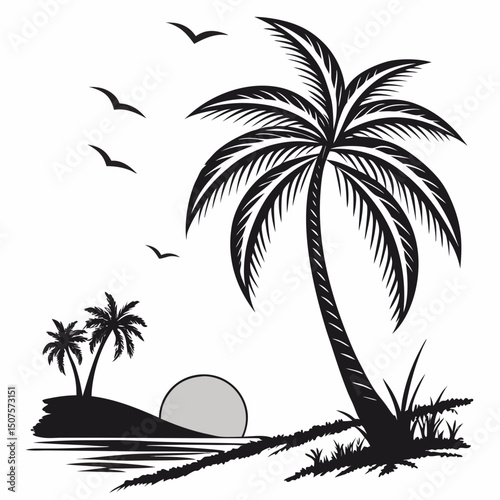 palm tree and sun setting behind the horizon