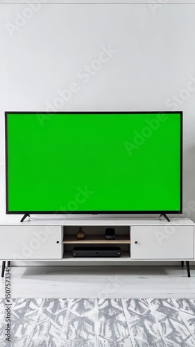 Modern living room interior showcasing television with green screen display on a white media console unit for keying purposes.