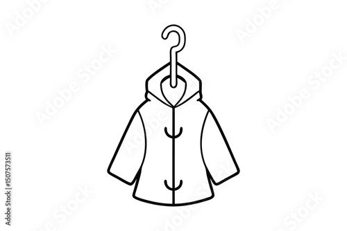 Hooded toggle coat hanging on clothes hanger line art illustration