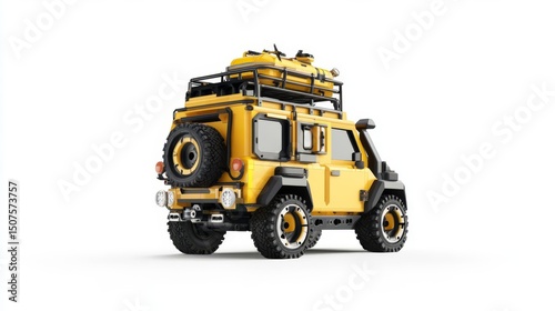 A vibrant yellow off-road vehicle equipped for adventure, featuring a roof rack and rugged tires. photo