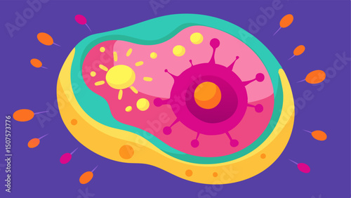 Microscopic View of Cells A detailed microscopic view of skin cells showing active regeneration with bright colors and visual cues for dividing cells.