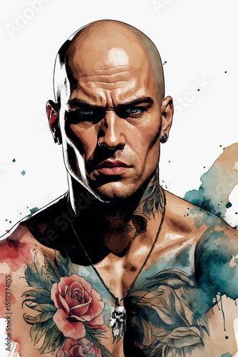 Tattooed man vector portrait with artistic watercolor grunge