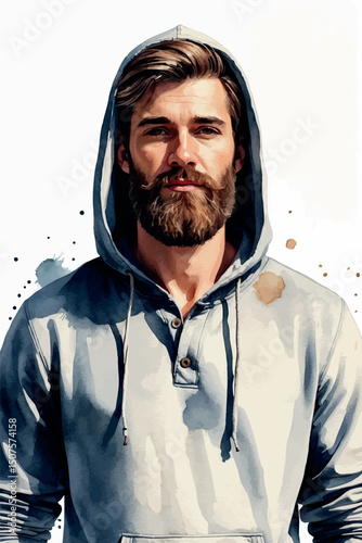 Modern young man watercolor portrait vector in hoodie