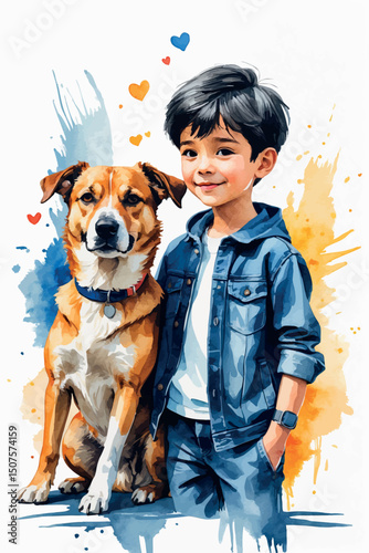 Boy and dog portrait in watercolor vector-friendly style