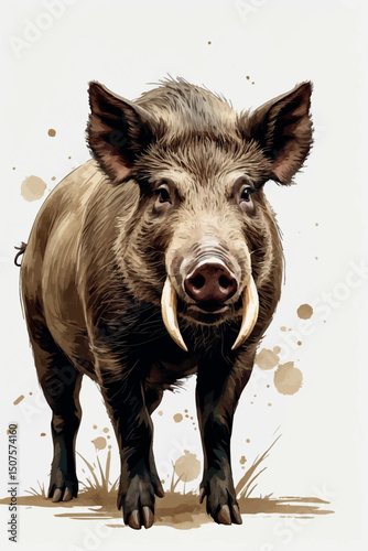 Wild boar watercolor vector with textured earthy tones