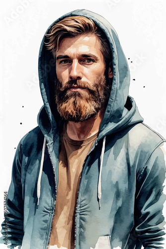 Modern young man watercolor portrait vector in hoodie