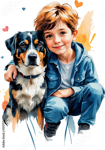 Boy and dog portrait in watercolor vector-friendly style