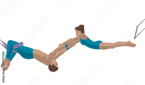aerial trapeze, male performer hanging down on horizontal bar catching female performer flying in mid-air isolated on a white background