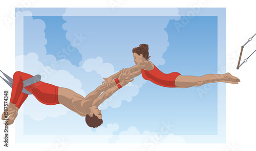 aerial trapeze, male performer hanging down on horizontal bar catching female performer flying in mid-air with blue sky and clouds in the background