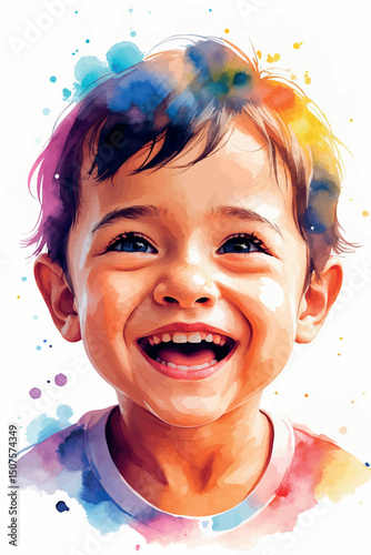 Watercolor vector of happy child face in bright colors