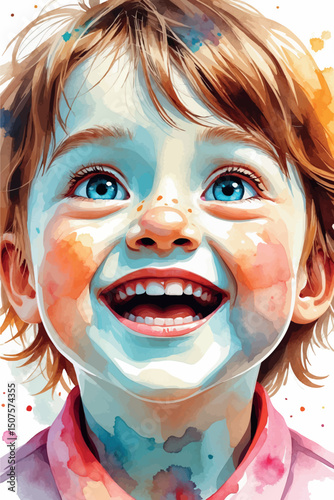 Watercolor vector of happy child face in bright colors