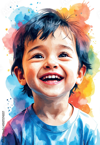 Watercolor vector of happy child face in bright colors