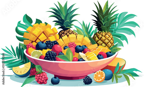 Summer tropical fruit salad in bowl flat vector illustration