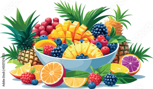 Summer tropical fruit salad in bowl flat vector illustration