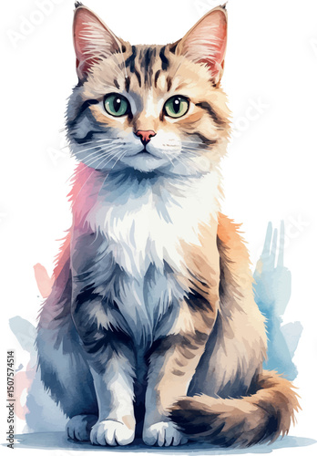 Vector watercolor illustration of cute sitting cat in soft colors