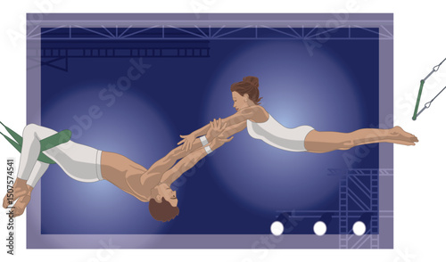 aerial trapeze, male performer hanging down on horizontal bar catching female performer flying in mid-air with stage and lighting background