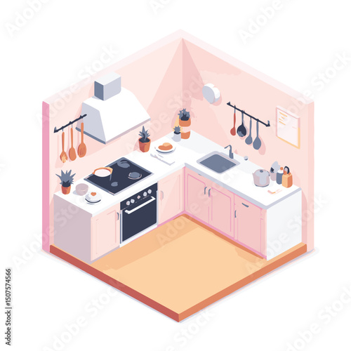 Isometric Kitchen Setup – Modern Interior Design Illustration

