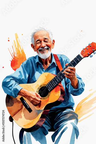 Watercolor portrait of elderly guitarist vector art style