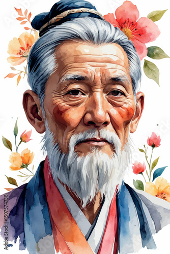 Elderly Asian man vector portrait in delicate watercolor