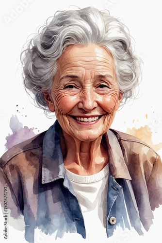 Watercolor vector portrait of elderly woman with smile